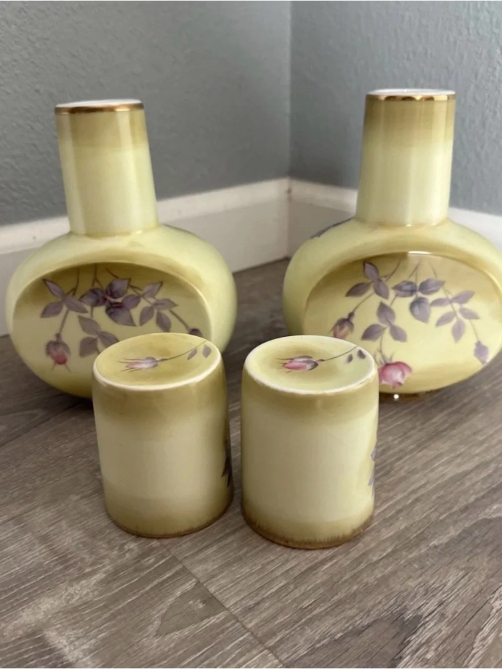 Vintage Hand Painted Nippon Vase Yellow Rose Gold Accent 7 Inch Set Of 2